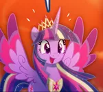 Size: 790x699 | Tagged: safe, artist:light262, artist:lummh, derpibooru import, edit, twilight sparkle, twilight sparkle (alicorn), alicorn, pony, comic:timey wimey, colored wings, cropped, crown, element of magic, ethereal mane, female, happy, mare, multicolored wings, older, older twilight, open mouth, peytral, rainbow power, regalia, smiling, solo, ultimate twilight