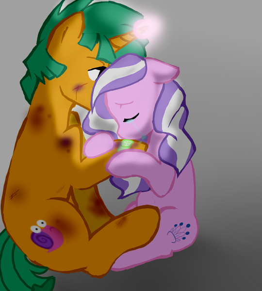 Size: 900x1000 | Tagged: semi-grimdark, artist:h0mi3, derpibooru import, diamond tiara, snails, earth pony, pony, unicorn, bandage, comfort, diamondsnail, feels, magic glow, older, older diamond tiara, older snails, pregnant, story included, teen pregnancy