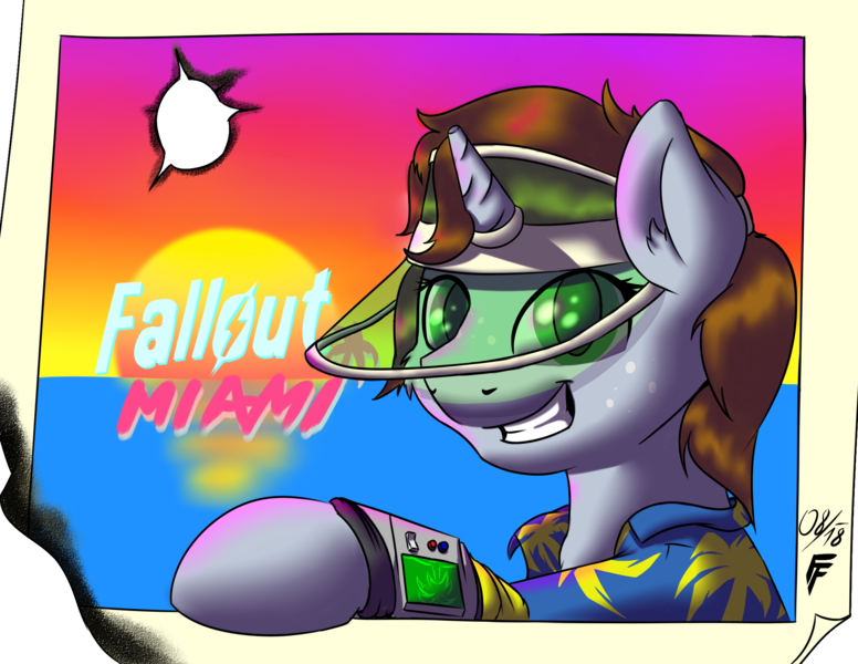 Size: 2200x1700 | Tagged: safe, artist:frecklesfanatic, derpibooru import, oc, oc:littlepip, pony, unicorn, fallout equestria, fanfic, clothes, ear fluff, fallout, fallout miami, fanfic art, female, fluffy, hat, hawaiian shirt, hooves, horn, mare, muzzle fluff, pipbuck, postcard, shirt, simple background, solo, sun visor, teeth, text, transparent background, vault suit