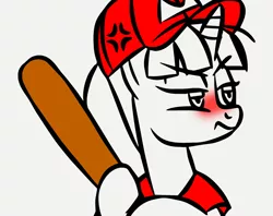 Size: 1002x793 | Tagged: safe, artist:mod wit, derpibooru import, oc, oc:berry isthmus, unofficial characters only, pony, unicorn, angry, annoyed, baseball, baseball bat, baseball cap, blushing, cap, cross-popping veins, cute, explicit source, female, hat, mare, sports