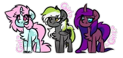 Size: 2242x1071 | Tagged: safe, artist:spoopygander, derpibooru import, oc, oc:feiya waull, oc:graphite sketch, oc:scoops, unofficial characters only, pegasus, pony, unicorn, chest fluff, chibi, colored wings, confused, cute, female, fluffy, group, looking up, mare, markings, multicolored hair, multicolored wings, outline, paws, piercing, simple background, smiling, smug, sticker, sticker set, text, transparent background