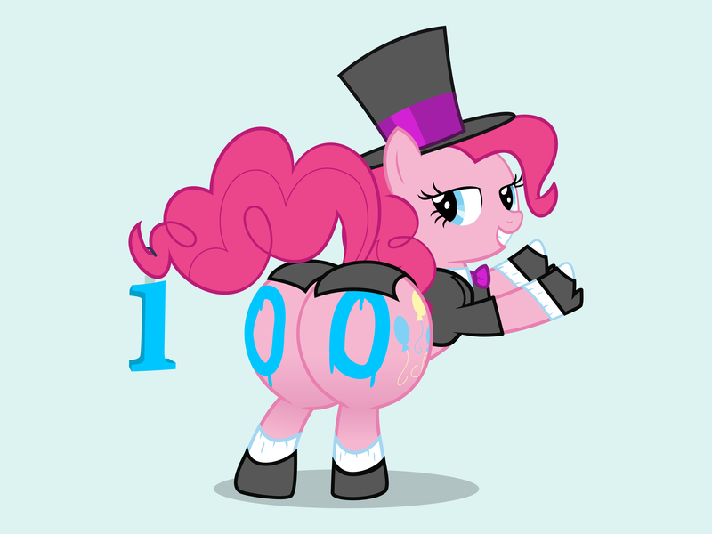 Size: 8000x6000 | Tagged: absurd resolution, against wall, artist:ithinkitsdivine, balloonbutt, bedroom eyes, body writing, bottom heavy, clothes, derpibooru import, female, hat, looking back, milestone, ornament, paint, pinkie pie, plot, rear view, shoes, show accurate, simple background, solo, solo female, suggestive, tuxedo