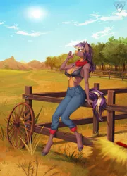 Size: 935x1300 | Tagged: absolute cleavage, afternoon, anthro, anthro oc, artist:margony, belly button, beverage, bikini, breasts, cleavage, clothes, cloud, commission, derpibooru import, digital art, drinking, fence, front knot midriff, glass, grass, midriff, mountain, oc, oc:double kicker, pants, scenery, signature, sitting, sky, suggestive, tree, unguligrade anthro, unofficial characters only, wheel