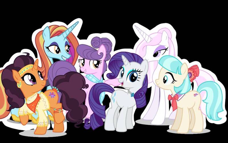 Size: 1024x642 | Tagged: safe, artist:jeatz-axl, artist:luckreza8, artist:mlpgalaxycake, derpibooru import, coco pommel, fleur-de-lis, rarity, saffron masala, sassy saddles, suri polomare, earth pony, pony, unicorn, alternate universe, bedroom eyes, black background, choker, clothes, eyeshadow, female, makeup, mare, open mouth, raised hoof, scarf, simple background, smiling