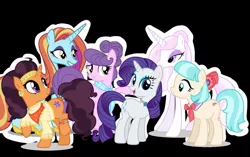 Size: 1024x642 | Tagged: safe, artist:jeatz-axl, artist:luckreza8, artist:mlpgalaxycake, derpibooru import, coco pommel, fleur-de-lis, rarity, saffron masala, sassy saddles, suri polomare, earth pony, pony, unicorn, alternate universe, bedroom eyes, black background, choker, clothes, eyeshadow, female, makeup, mare, open mouth, raised hoof, scarf, simple background, smiling