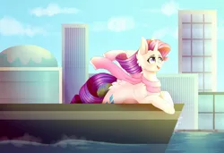 Size: 3500x2396 | Tagged: safe, artist:twinkepaint, derpibooru import, rarity, pony, unicorn, boat, city, clothes, cloud, female, mare, open mouth, scarf, sky, smiling, solo, water