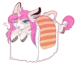 Size: 1500x1265 | Tagged: safe, artist:hagallaz, derpibooru import, oc, oc:tarot, unofficial characters only, classical unicorn, pony, salmon, unicorn, :p, blue eyes, cloven hooves, curved horn, cute, ear piercing, earring, female, floppy ears, fluffy, food, freckles, heart, jewelry, leonine tail, long mane, long tail, looking at you, mare, palomino, piercing, pink mane, ponies in food, prone, rice, silly, silly pony, simple background, smiling, solo, sushi, sushi pony, tongue out, transparent background, unshorn fetlocks