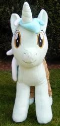 Size: 714x1506 | Tagged: safe, artist:hoppip, derpibooru import, lyra heartstrings, pony, unicorn, clothes, female, front view, infamous, irl, looking at you, lyra plushie, mare, outdoors, pants, photo, plothole plush lyra, plushie, smiling, solo, standing