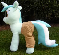 Size: 1233x1166 | Tagged: safe, artist:hoppip, derpibooru import, lyra heartstrings, pony, unicorn, clothes, female, infamous, irl, lyra plushie, mare, outdoors, pants, photo, plothole plush lyra, plushie, pocket, side view, smiling, solo, standing