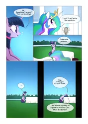 Size: 1024x1448 | Tagged: safe, artist:gashiboka, derpibooru import, princess celestia, twilight sparkle, alicorn, pony, unicorn, comic:scar of solar, canterlot, canterlot castle, comic, dialogue, female, mare, sitting, unicorn twilight