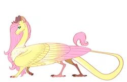 Size: 1280x828 | Tagged: alternate universe, artist:earthsong9405, colored wings, derpibooru import, dragon, dragoness, dragonified, feathered dragon, female, flutterdragon, fluttershy, reverse dragon au, safe, simple background, solo, species swap, white background