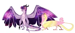 Size: 1280x568 | Tagged: alternate universe, artist:earthsong9405, colored wings, derpibooru import, dragon, dragoness, dragonified, feathered dragon, female, fluffy, fluffy dragon, flutterdragon, fluttershy, reverse dragon au, safe, simple background, size comparison, species swap, starry wings, twilidragon, twilight sparkle, white background