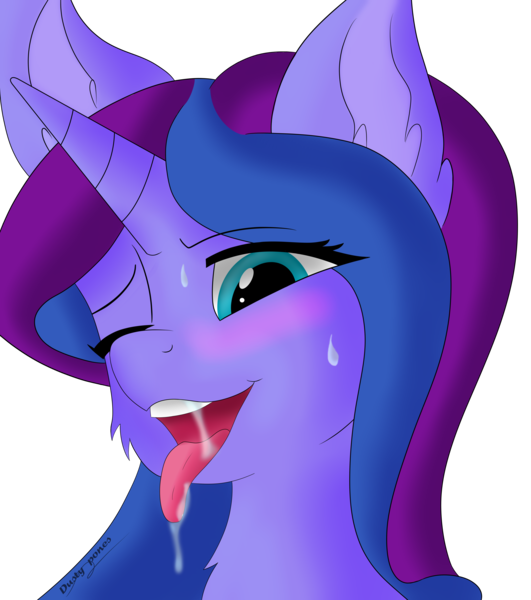 Size: 6992x7904 | Tagged: suggestive, artist:flamelight-dash, derpibooru import, oc, oc:midnight aurora, unofficial characters only, absurd resolution, afterglow, ahegao, drool, female, looking at you, open mouth, profile, simple background, solo, solo female, sweat, tongue out, transparent background