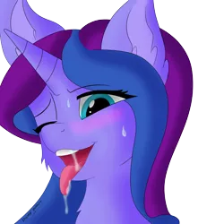 Size: 6992x7904 | Tagged: suggestive, artist:flamelight-dash, derpibooru import, oc, oc:midnight aurora, unofficial characters only, absurd resolution, afterglow, ahegao, drool, female, looking at you, open mouth, profile, simple background, solo, solo female, sweat, tongue out, transparent background