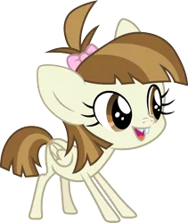 Size: 3000x3562 | Tagged: safe, artist:cloudyglow, derpibooru import, featherweight, pegasus, pony, bow, cute, featherbetes, female, filly, foal, hair bow, open mouth, rule 63, rule63betes, simple background, smiling, solo, transparent background