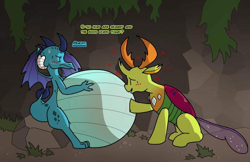 Size: 1700x1100 | Tagged: questionable, artist:goodie-bag, derpibooru import, princess ember, thorax, changedling, changeling, dragon, belly, big belly, blushing, boop, cave, changeling x dragon, dialogue, dragoness, duo, embrax, female, frown, grass, grumpy, happy, heart, hyper, hyper pregnancy, impossibly large belly, interspecies, king thorax, male, mama ember, moma ember, noseboop, paint.net, pregnant, shipping, sitting, speech, straight, talking, unamused, vegetation