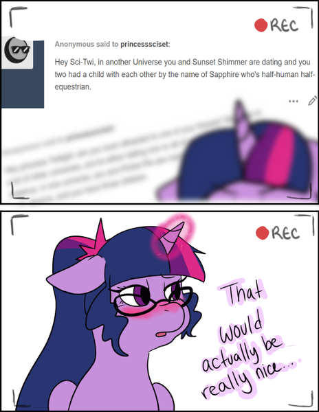 Size: 500x647 | Tagged: safe, artist:nichroniclesvsart, derpibooru import, sci-twi, twilight sparkle, twilight sparkle (alicorn), ponified, alicorn, pony, series:princess sciset, series:sciset diary, equestria girls, blushing, camera shot, equestria girls ponified, glowing horn, implied lesbian, implied scitwishimmer, implied shipping, implied sparkling sapphire, recording, scitwilicorn