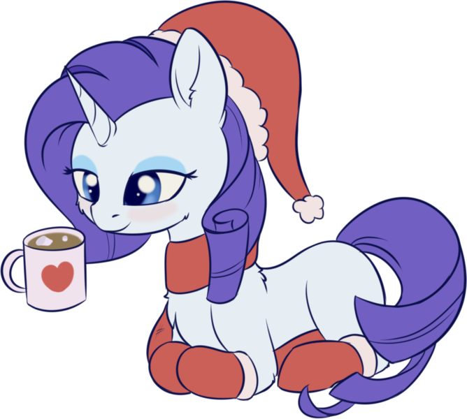 Size: 889x799 | Tagged: artist:dusthiel, atg 2018, chocolate, christmas, clothes, derpibooru import, female, food, hat, holiday, hot chocolate, mare, marshmallow, newbie artist training grounds, rarity, safe, santa hat, scarf, simple background, solo, stockings, thigh highs, transparent background