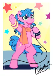 Size: 566x800 | Tagged: safe, artist:dahliawilder, derpibooru import, melody, earth pony, pony, my little pony tales, bipedal, bracelet, clothes, female, g1, hoof in air, jewelry, mare, microphone, performance, scarf, singing, smiling, spiked wristband, stage, stars, teenager, waving, wristband