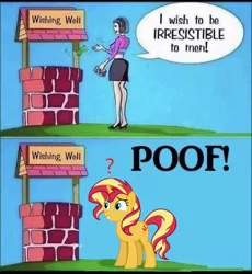 Size: 750x814 | Tagged: safe, derpibooru import, edit, editor:leonidus, sunset shimmer, equestria girls, bill, character to character, funny, meme, question mark, solo, text, transformation, well, wish, wishing well