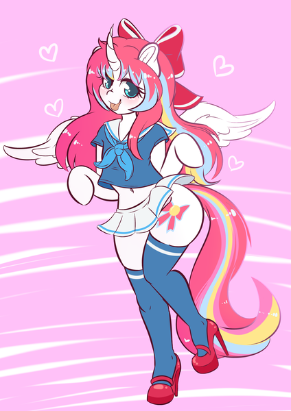 Size: 1280x1811 | Tagged: alicorn, alicorn oc, anthro, anthro oc, arm hooves, artist:wickedsilly, belly button, blushing, bottomless, bow, clothes, crossdressing, curved horn, cute, derpibooru import, femboy, girly, hair bow, high heels, male, mary janes, midriff, miniskirt, moe, no panties, oc, oc:nekonin, pleated skirt, sailor uniform, school uniform, shoes, short shirt, short skirt, simple background, skirt, skirt lift, socks, solo, solo male, spread wings, stallion, stockings, suggestive, thigh highs, transparent background, unofficial characters only, wings, zettai ryouiki