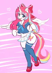 Size: 1280x1811 | Tagged: alicorn, alicorn oc, anthro, anthro oc, arm hooves, artist:wickedsilly, belly button, blushing, bottomless, bow, clothes, crossdressing, curved horn, cute, derpibooru import, femboy, girly, hair bow, high heels, male, mary janes, midriff, miniskirt, moe, no panties, oc, oc:nekonin, pleated skirt, sailor uniform, school uniform, shoes, short shirt, short skirt, simple background, skirt, skirt lift, socks, solo, solo male, spread wings, stallion, stockings, suggestive, thigh highs, transparent background, unofficial characters only, wings, zettai ryouiki