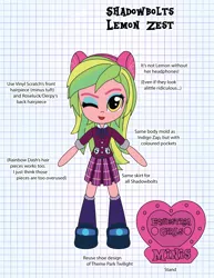 Size: 2161x2799 | Tagged: safe, artist:darkhooves, derpibooru import, lemon zest, equestria girls, clothes, concept, crystal prep academy uniform, crystal prep shadowbolts, cute, darkhooves wastes our time, digital art, doll, equestria girls minis, eyeshadow, graph paper, headphones, makeup, merchandise, mockup, one eye closed, pleated skirt, school uniform, shoes, skirt, smiling, socks, solo, stand, toy, wink, zestabetes