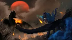 Size: 4000x2250 | Tagged: safe, alternate version, artist:blackligerth, derpibooru import, princess luna, alicorn, dragon, pony, blood moon, fire, moon