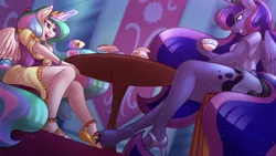 Size: 1280x720 | Tagged: suggestive, artist:sugaryviolet, derpibooru import, part of a set, princess celestia, princess luna, oc, anthro, human, plantigrade anthro, breasts, chair, clothes, commission, cookie, cup, dress, ethereal mane, feet, fetish, food, foot fetish, footsie, glowing horn, high heels, human male, image, levitation, macro, magic, male, micro, non-pony oc, open mouth, part of a series, playful, png, royal sisters, shoes, sitting, size difference, soles, starry mane, table, telekinesis, tiny, trapped in shoe