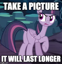 Size: 417x431 | Tagged: safe, derpibooru import, edit, edited screencap, screencap, mean twilight sparkle, alicorn, pony, the mean 6, clone, cropped, image macro, meme, night at the museum, plot, raised hoof, solo, unamused