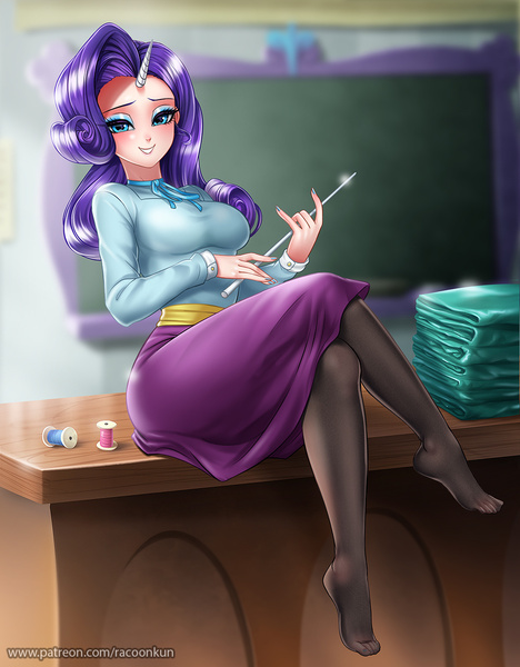 Size: 1000x1281 | Tagged: alternate version, anime, artist:racoonsan, beautiful, blurred background, breasts, chalkboard, classroom, cloth, clothes, crossed legs, cummerbund, derpibooru import, desk, eyelashes, eyeshadow, feet, female, horn, horned humanization, hot for teacher, human, humanized, indoors, legs, looking at you, makeup, missing shoes, nail polish, necktie, pantyhose, pointer, raritights, rarity, safe, sash, school daze, schoolmarm rarity, school of friendship, sexy, shirt, sitting, skirt, smiling, socks, solo, spool, stupid sexy rarity, teacher, tight clothing, toes