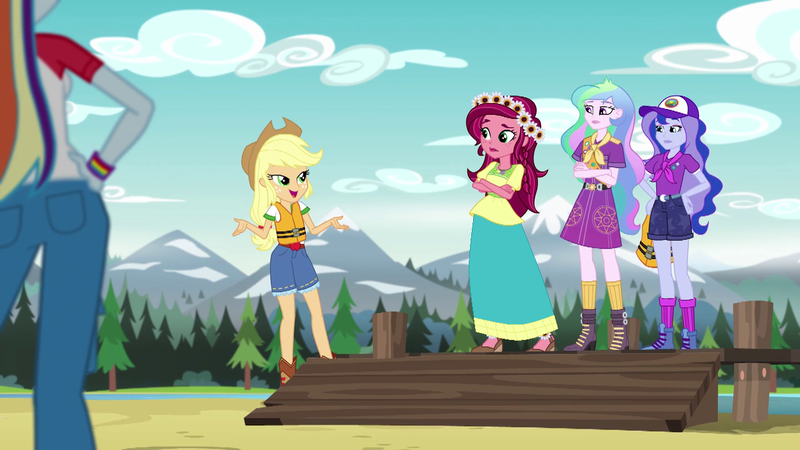 Size: 1280x720 | Tagged: safe, artist:starman1999, derpibooru import, edit, edited screencap, screencap, applejack, gloriosa daisy, princess celestia, princess luna, rainbow dash, equestria girls, legend of everfree, clothes, lifejacket, long skirt, pier, principal celestia, skirt, vice principal luna