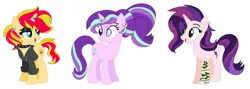 Size: 1243x441 | Tagged: safe, artist:fandom-crockpot, artist:mlpfangirl17, artist:selenaede, derpibooru import, starlight glimmer, sunset shimmer, oc, oc:evening glitter, pony, unicorn, icey-verse, alternate hairstyle, base used, bedroom eyes, choker, clothes, ear piercing, earring, eye scar, eyeshadow, family, female, goth, horn ring, jacket, jewelry, leather jacket, lesbian, magical lesbian spawn, makeup, mare, mother and daughter, next generation, offspring, open mouth, parent:starlight glimmer, parent:sunset shimmer, parents:shimmerglimmer, piercing, ring, scar, shimmerglimmer, shipping, simple background, spiked choker, tattoo, wedding ring, white background