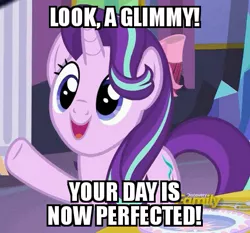 Size: 429x399 | Tagged: safe, derpibooru import, edit, edited screencap, screencap, starlight glimmer, pony, unicorn, no second prances, 4chan, adorable face, cute, discovery family logo, glim glam, glimmerbetes, glimmy, good end, subverted meme, your day is ruined