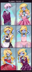 Size: 1020x2299 | Tagged: safe, artist:lucy-tan, derpibooru import, oc, oc:azure/sapphire, unofficial characters only, equestria girls, ballerina, bowtie, clothes, crossdressing, crystal prep academy uniform, dress, equestria girls-ified, lipstick, maid, male, necktie, plaid skirt, red dress, school uniform, smiling, solo, trap, tutu