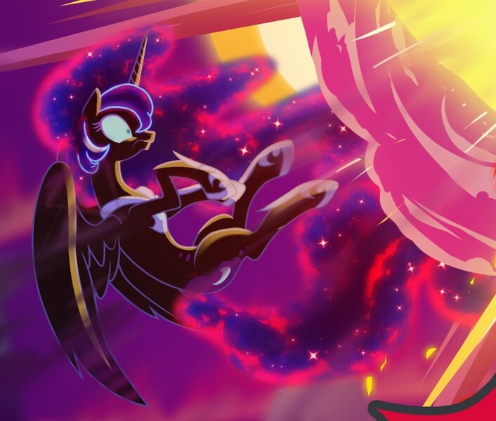 Size: 761x647 | Tagged: safe, artist:light262, artist:lummh, derpibooru import, edit, nightmare moon, alicorn, pony, comic:timey wimey, cropped, ethereal mane, explosion, female, galaxy mane, hoof shoes, mare