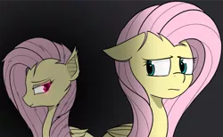 Size: 2201x1358 | Tagged: safe, alternate version, artist:pinkberry, derpibooru import, edit, fluttershy, bat pony, pony, duality, duo, fangs, female, flutterbat, glowing eyes, gradient background, looking sideways, race swap, self ponidox, worried