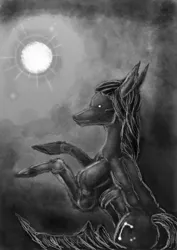 Size: 2896x4092 | Tagged: artist:sweetstrawberryblood, black and white, derpibooru import, grayscale, monochrome, oc, oc:cosmia nebula, rearing, safe, solo, sun