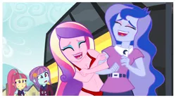 Size: 1512x840 | Tagged: suggestive, derpibooru import, edit, edited edit, edited screencap, editor:slayerbvc, screencap, princess cadance, princess luna, sour sweet, sunny flare, equestria girls, friendship games, bra, breasts, bus, cleavage, clothes, crystal prep academy uniform, dean cadance, laughing, panties, photo, red underwear, school uniform, uncomfortable, underwear, underwear edit, vice principal luna