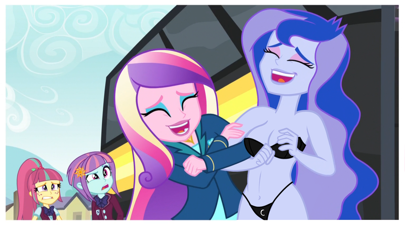 Size: 1512x840 | Tagged: suggestive, derpibooru import, edit, edited edit, edited screencap, editor:slayerbvc, screencap, princess cadance, princess luna, sour sweet, sunny flare, equestria girls, friendship games, black underwear, bra, breasts, bus, cleavage, clothes, crystal prep academy uniform, cutie mark underwear, dean cadance, laughing, panties, photo, school uniform, strapless bra, thong, uncomfortable, underwear, underwear edit, vice principal luna