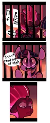 Size: 1012x2463 | Tagged: safe, artist:sourspot, derpibooru import, tempest shadow, twilight sparkle, twilight sparkle (alicorn), alicorn, pony, unicorn, my little pony: the movie, broken horn, cage, comic, dialogue, eye scar, female, fourth wall, mare, scar, speech bubble