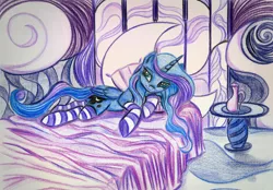 Size: 2000x1392 | Tagged: safe, artist:pedrohander, derpibooru import, princess luna, alicorn, pony, bedroom, clothes, female, lidded eyes, looking at you, mare, missing accessory, socks, solo, striped socks, traditional art