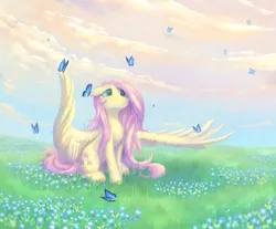 Size: 2300x1900 | Tagged: safe, artist:peachmayflower, derpibooru import, fluttershy, butterfly, pegasus, pony, cute, female, floppy ears, grass, grass field, large wings, looking at something, looking up, mare, nature, shyabetes, sitting, solo, spread wings, wings