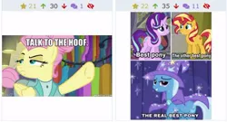 Size: 460x249 | Tagged: safe, derpibooru import, edit, edited screencap, screencap, fluttershy, starlight glimmer, sunset shimmer, trixie, derpibooru, boast busters, equestria girls, equestria girls series, fake it 'til you make it, forgotten friendship, the crystalling, alternate hairstyle, best pony, cape, clothes, hat, image macro, juxtaposition, juxtaposition win, meme, meta, severeshy, trixie's cape, trixie's hat