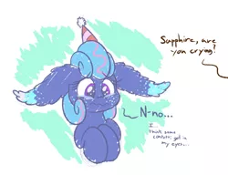Size: 540x415 | Tagged: safe, artist:heir-of-rick, derpibooru import, oc, oc:sapphire lollipop, unofficial characters only, earth pony, pony, abstract background, confetti, crying, dialogue, female, floppy ears, hat, i'm not crying, mare, offscreen character, party hat, solo