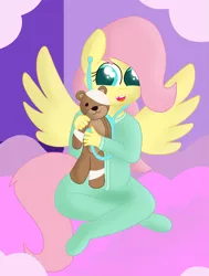 Size: 2161x2865 | Tagged: safe, artist:skyflys, derpibooru import, fluttershy, anthro, bandage, clothes, cute, female, filly fluttershy, foal, footed sleeper, image, listening, pajamas, playing doctor, png, shyabetes, spread wings, stethoscope, teddy bear, toy, wings, younger