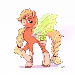 Size: 1200x1200 | Tagged: safe, artist:amyrightmeow, derpibooru import, applejack, flutter pony, pony, spoiler:g5, alternate design, appaloosa, applejack (g5), bangs, braid, braided ponytail, braided tail, butterfly wings, coat markings, female, freckles, g5, green eyes, hooves, lashes, mare, orange coat, simple background, socks (coat marking), solo, unshorn fetlocks, white background, yellow hair, yellow tail