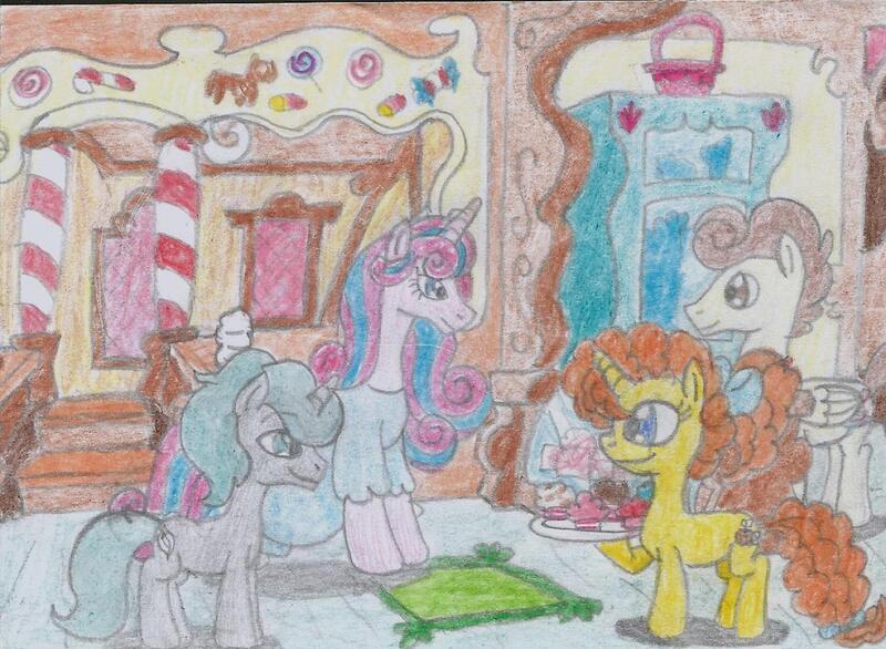 Size: 1217x891 | Tagged: safe, artist:nephilim rider, derpibooru import, pound cake, princess flurry heart, pumpkin cake, oc, oc:shimmering glow, adult, brother and sister, cake twins, canon x oc, clothes, couple, cupcake, dress, female, flurryglow, food, husband and wife, image, jpeg, male, mama flurry, married couple, multiple pregnancy, offspring, offspring shipping, older, older cake twins, older flurry heart, older pound cake, older pumpkin cake, parent:king sombra, parent:radiant hope, parents:hopebra, pregnant, shipping, siblings, straight, sugarcube corner, traditional art, twins