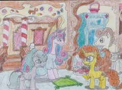 Size: 1217x891 | Tagged: safe, artist:nephilim rider, derpibooru import, pound cake, princess flurry heart, pumpkin cake, oc, oc:shimmering glow, adult, brother and sister, cake twins, canon x oc, clothes, couple, cupcake, dress, female, flurryglow, food, husband and wife, male, mama flurry, married couple, multiple pregnancy, offspring, offspring shipping, older, older flurry heart, older pound cake, older pumpkin cake, parent:king sombra, parent:radiant hope, parents:hopebra, pregnant, shipping, siblings, straight, sugarcube corner, traditional art, twins