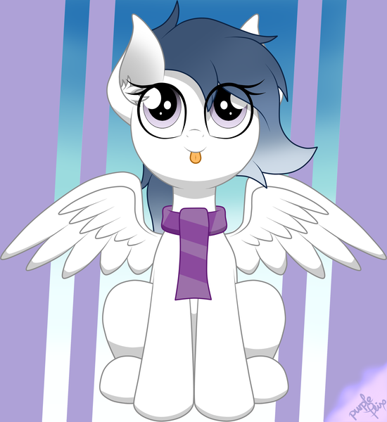 Size: 2974x3244 | Tagged: safe, artist:kimjoman, derpibooru import, oc, oc:sugar-bluhm, unofficial characters only, pegasus, pony, :p, clothes, commission, cute, female, looking up, scarf, silly, sitting, solo, spread wings, tongue out, wings